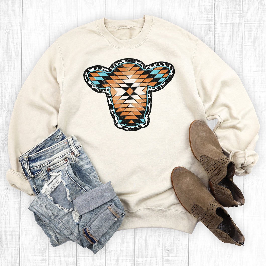 Western Aztec Cowhide Cow Head Sweatshirt