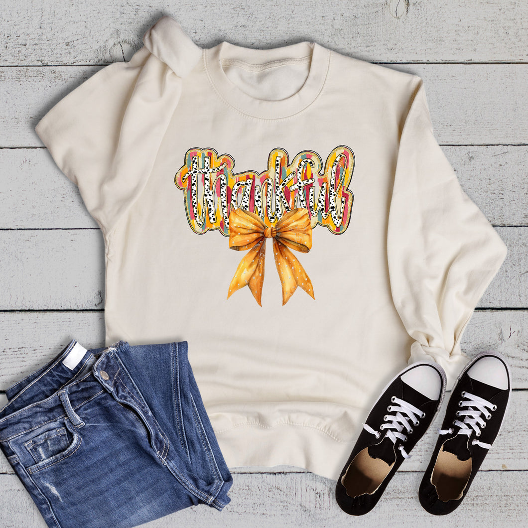 Boho Colorful Thanksgiving Grateful Coquette Bow Sweatshirt