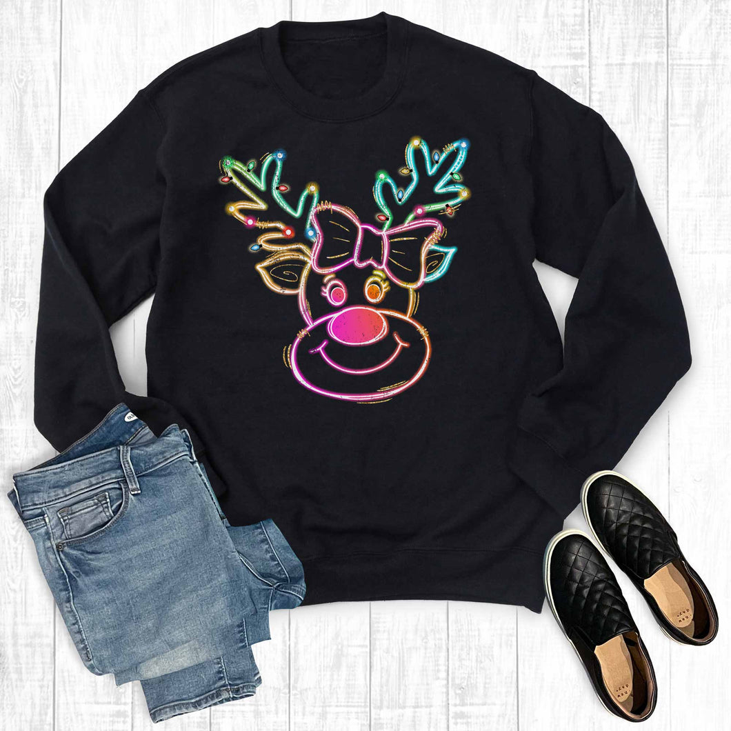 Christmas Coquette Neon Reindeer Graphic Sweatshirt