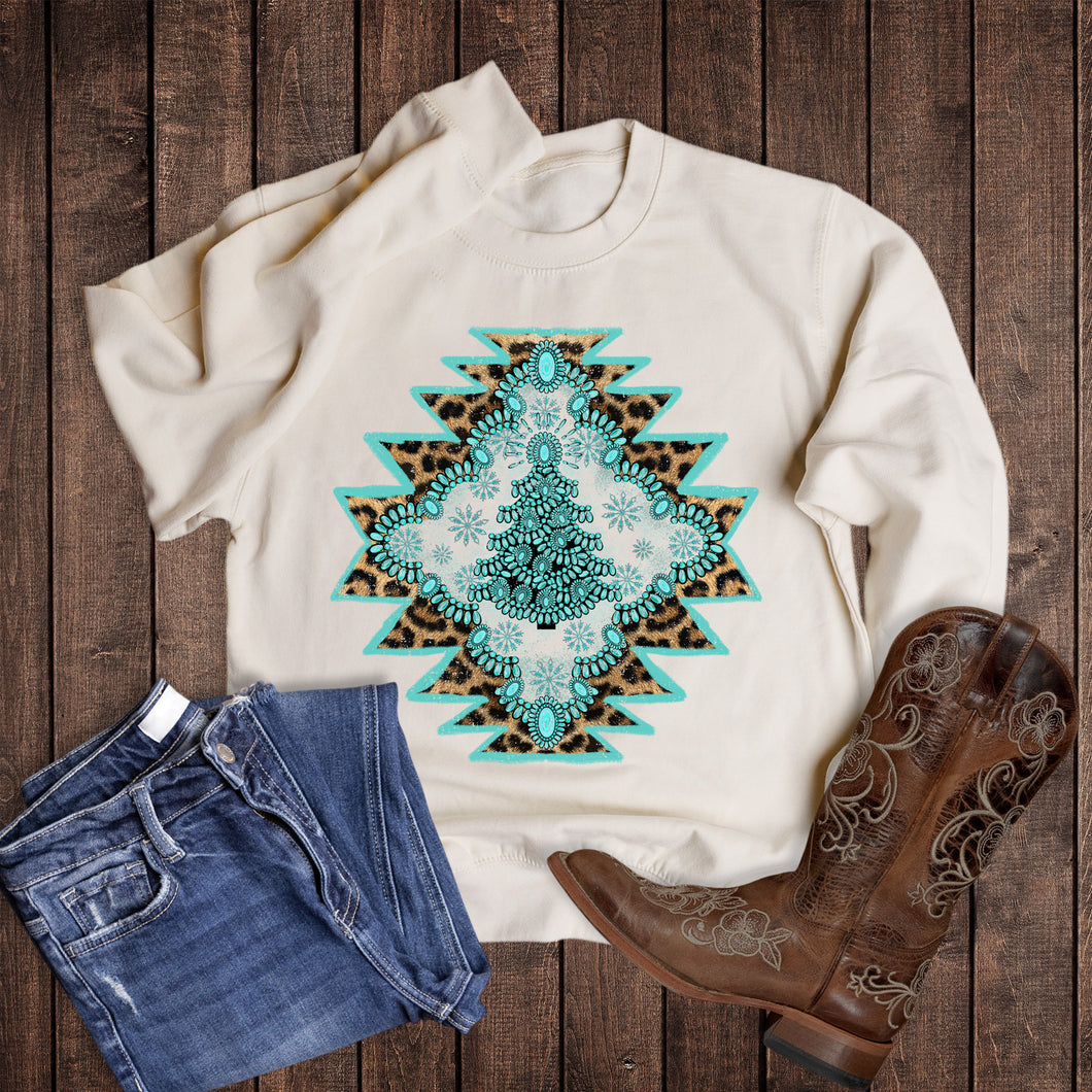 Christmas Western Tree Turquoise Aztec Sweatshirt