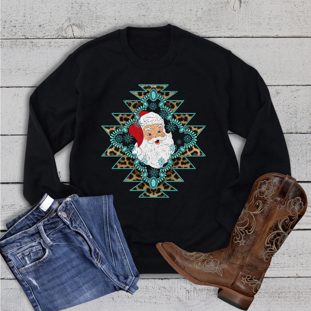 Christmas Western Turquoise Aztec Santa Sweatshirt