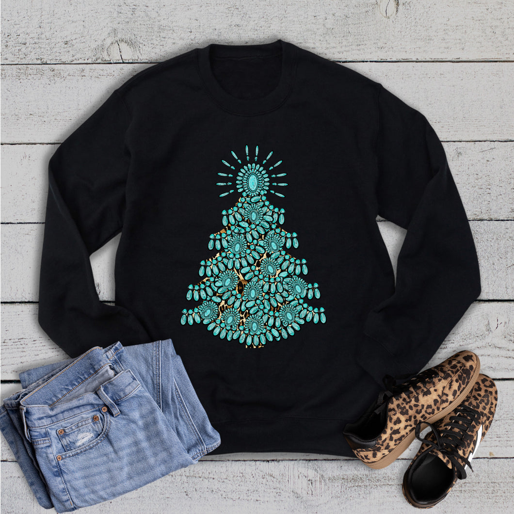 Christmas Western Turquoise Tree with Cheetah Sweatshirt