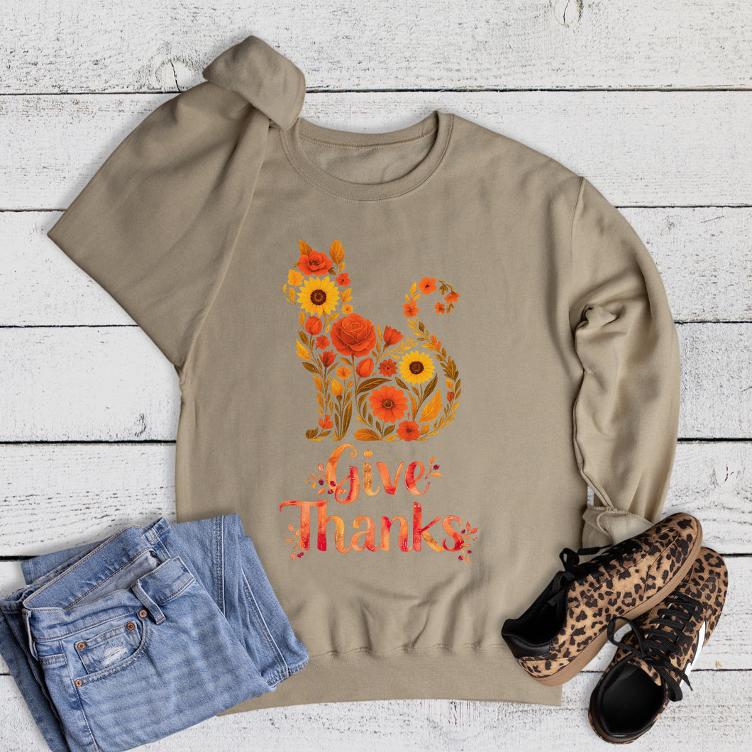Fall Thanksgiving Give Thanks Cat Sweatshirt