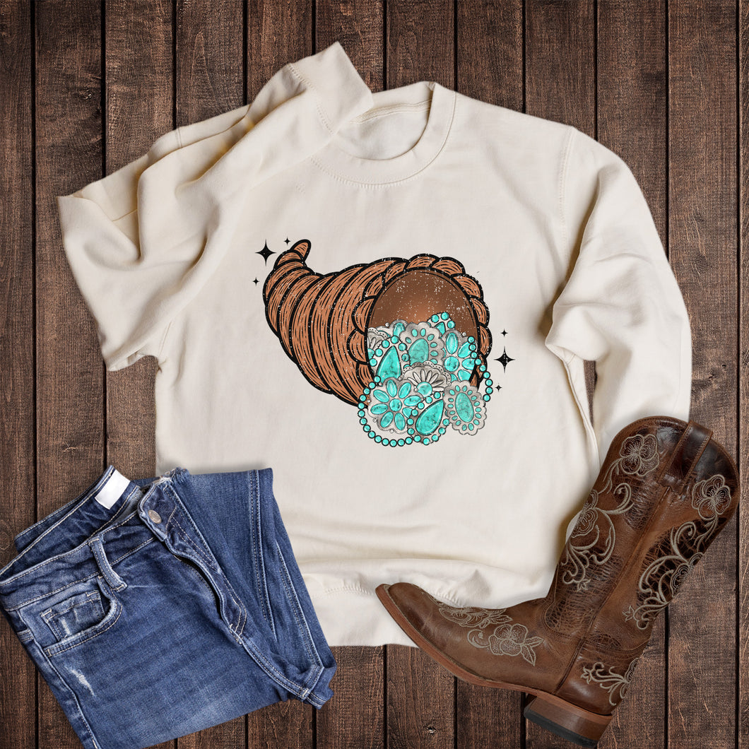 Fall Thanksgiving Turquoise Cornucopia Sweatshirt