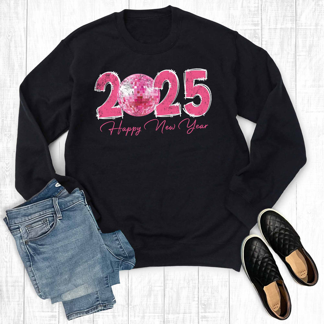 Happy New Year 2025 Pink Disco Ball Sweatshirt