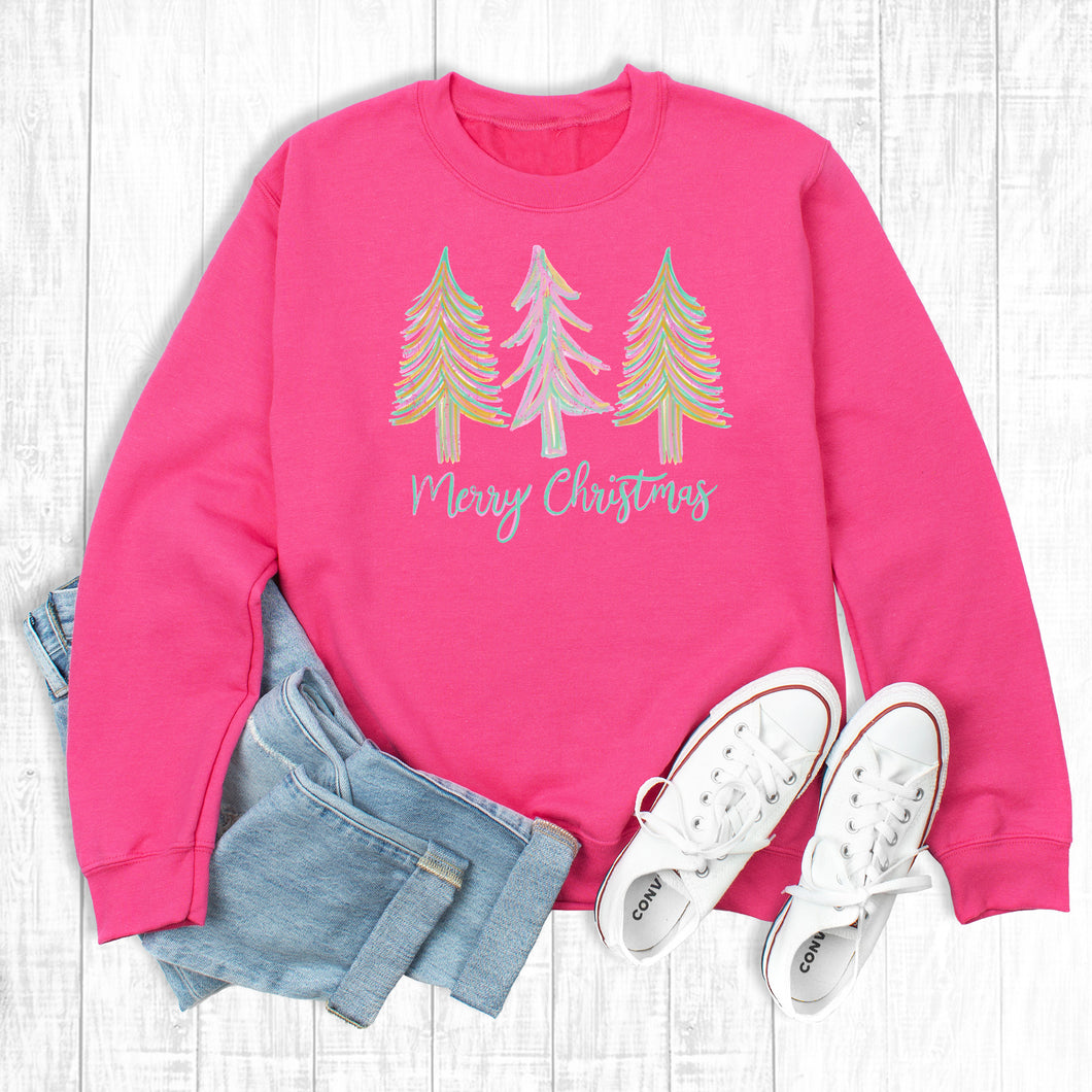 Merry Christmas Pink Pastel Christmas Trees Sweatshirt