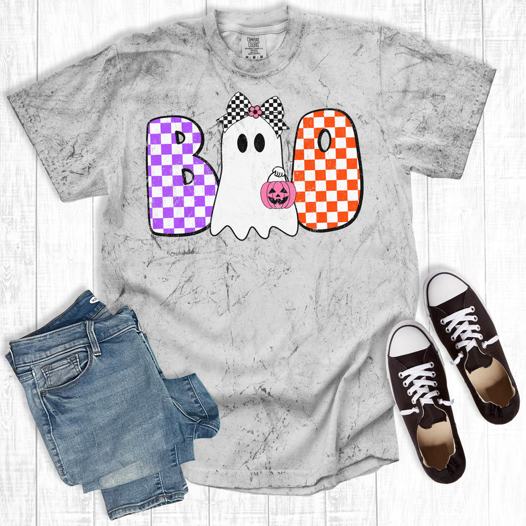 Retro Checkered Boo Ghost With Bow Comfort Colors