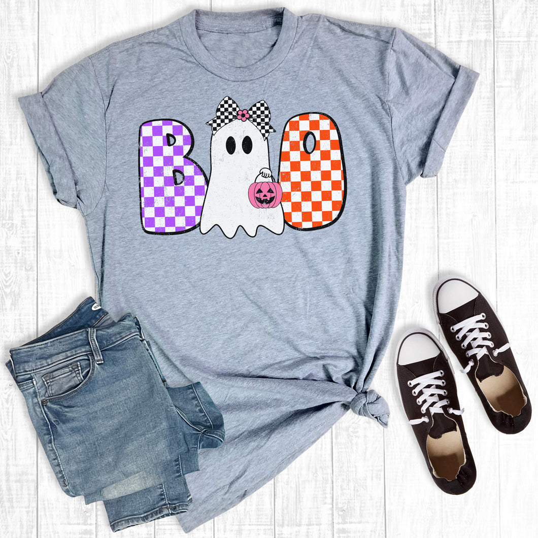 Retro Checkered Boo Ghost With Bow