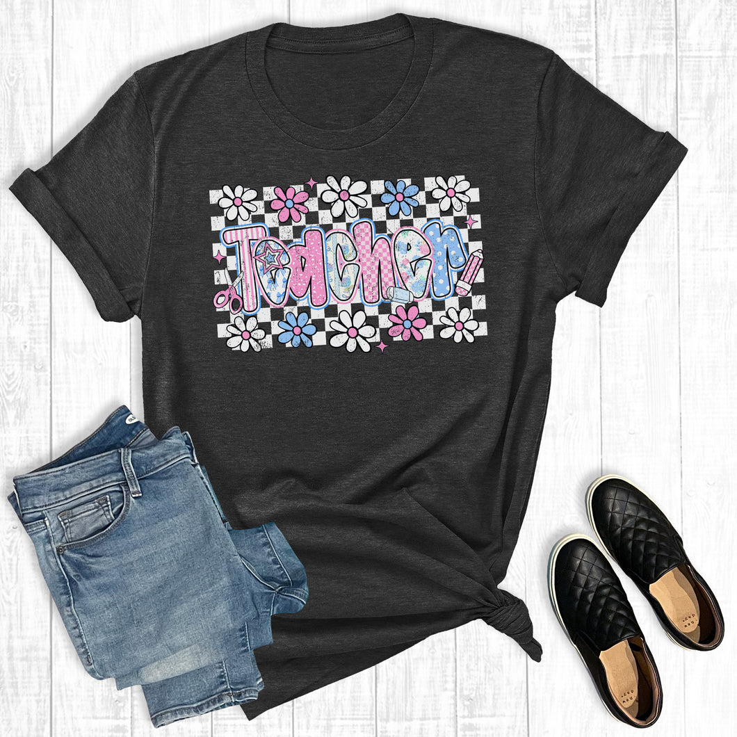 Retro Checkered Floral Teacher