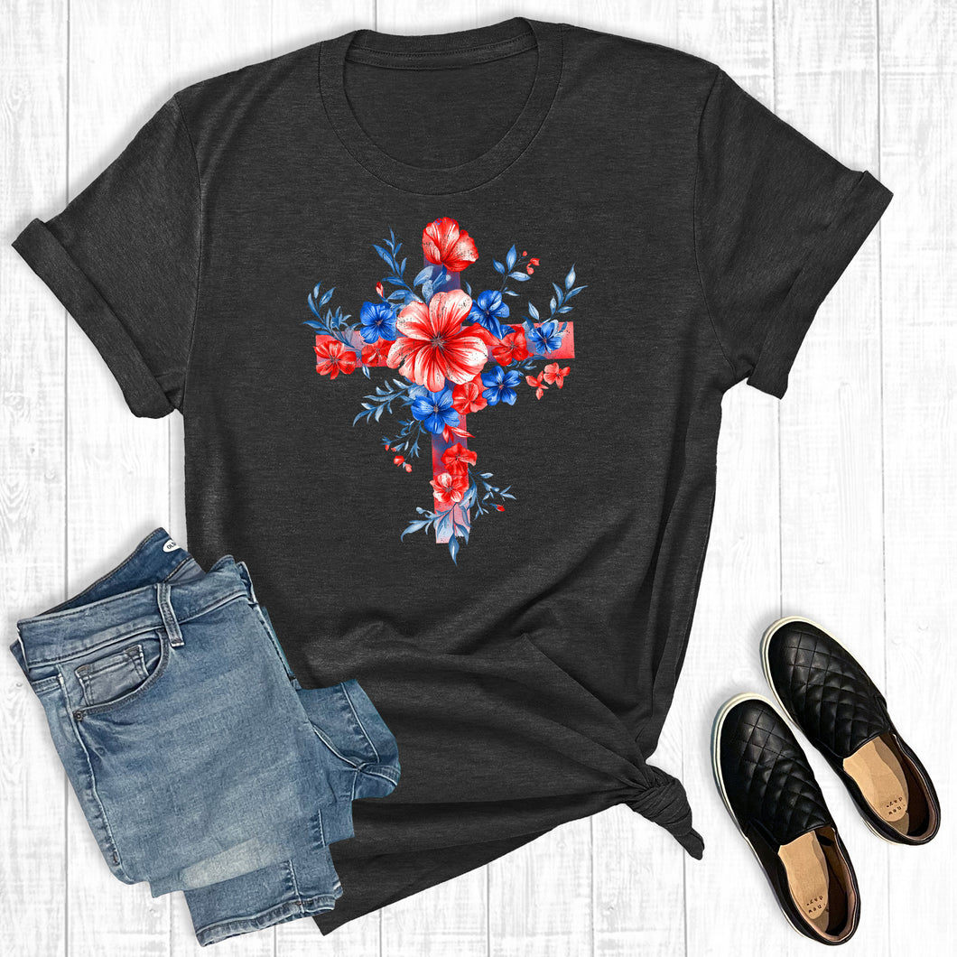 Retro Faith Patriotic Floral Cross