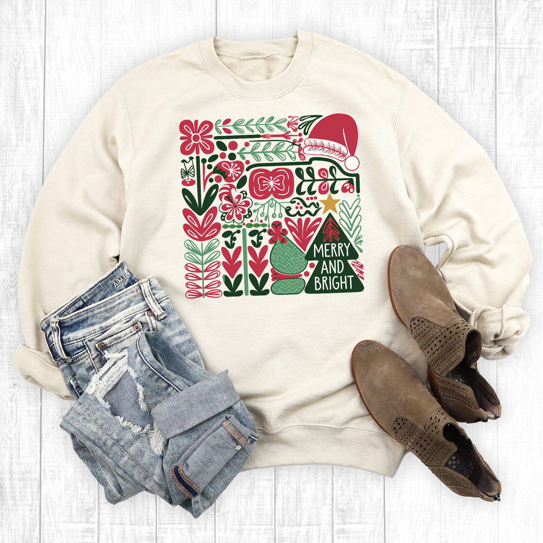 Retro Floral Merry and Bright Christmas Graphic Sweatshirt
