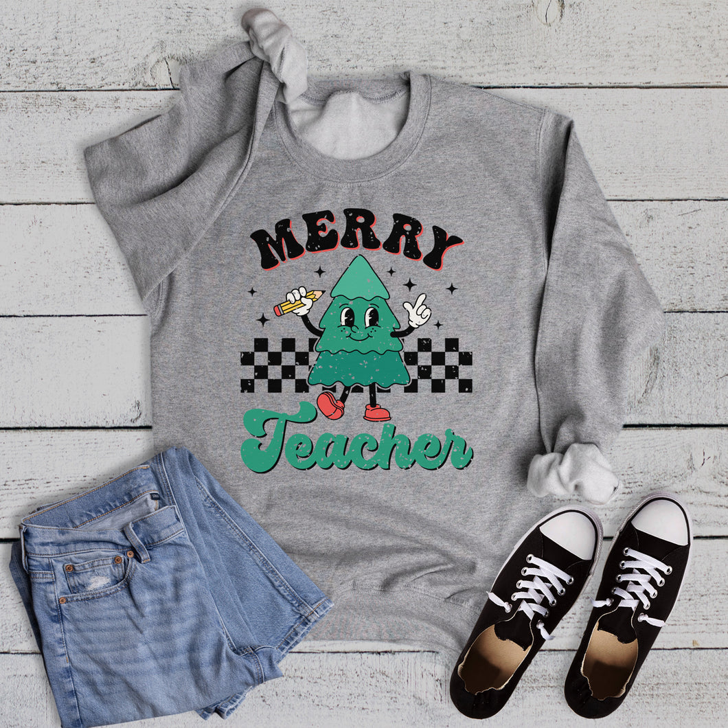 Retro Merry Teacher Tree Graphic Sweatshirt