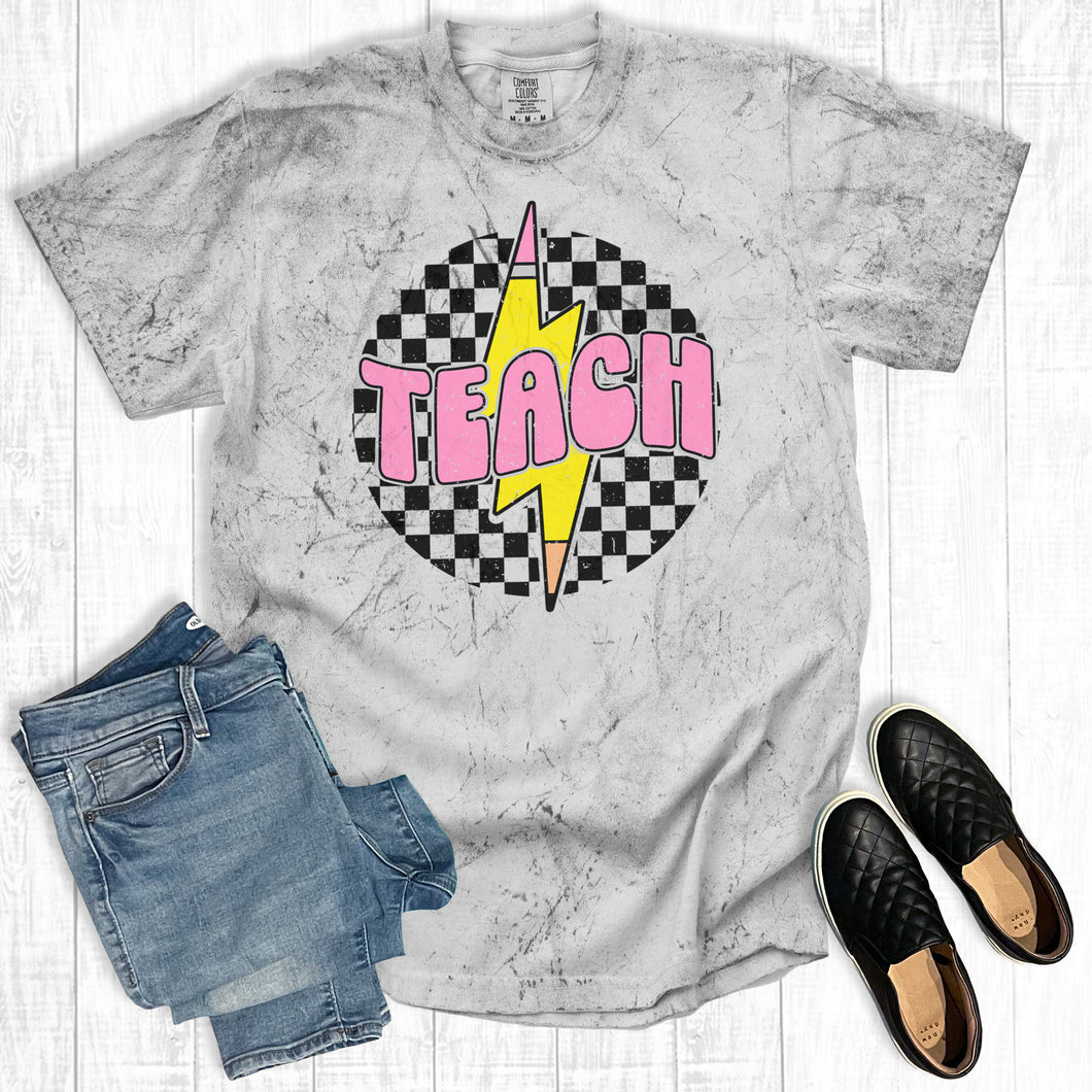 Retro Teacher Checkered Pencil Lightning Bolt Comfort Colors