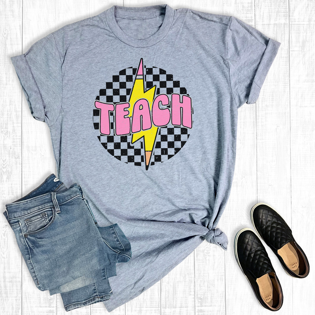 Retro Teacher Checkered Pencil Lightning Bolt