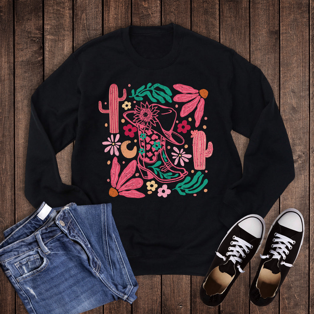 Western Boho Cowgirl Boot and Flowers Sweatshirt