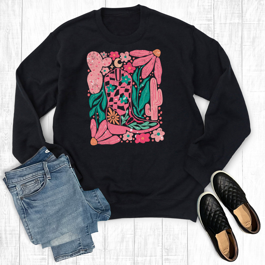 Western Boho Cowgirl Boot Sweatshirt