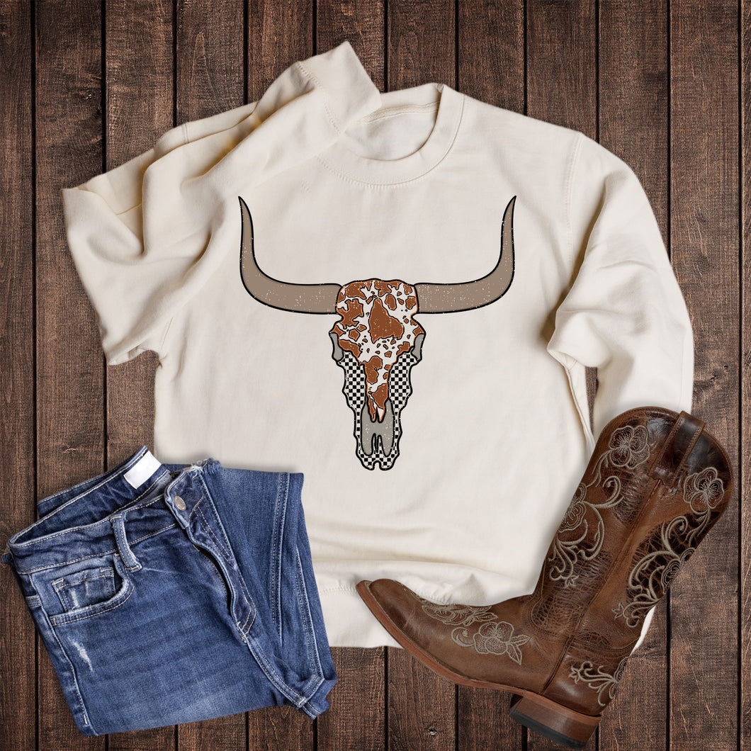 Western Check Cow Print Cow Skull Sweatshirt