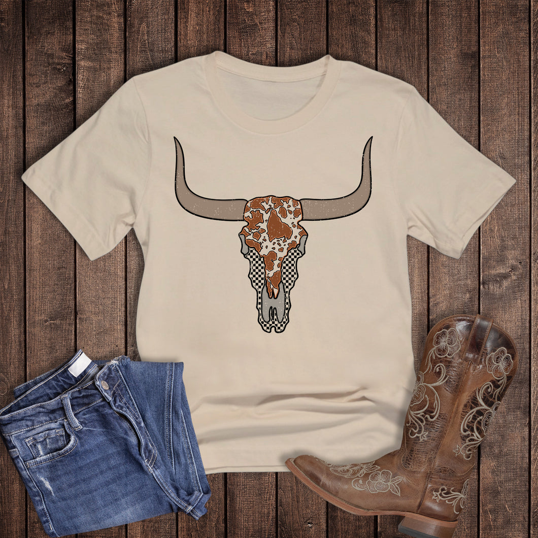 Western Check Cow Print Cow Skull