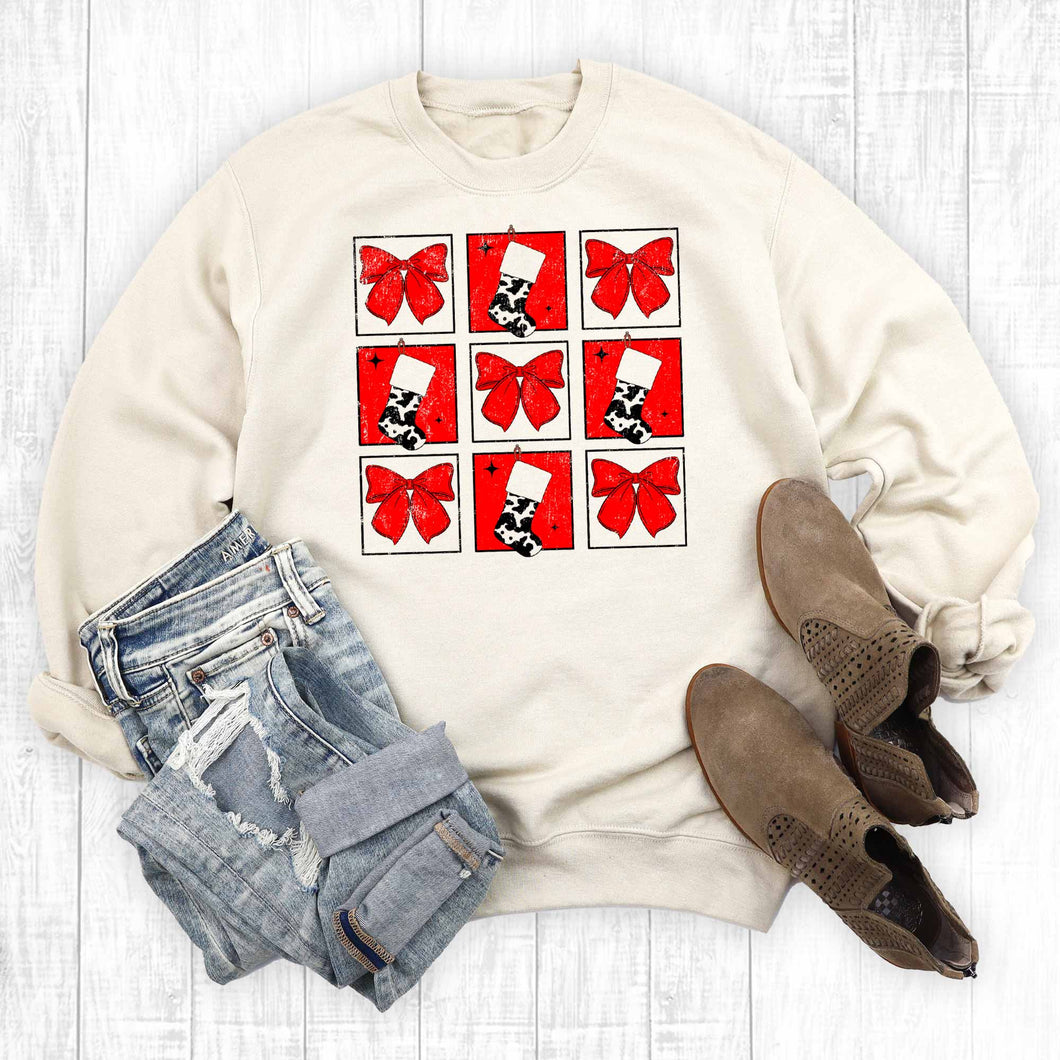 Western Christmas Cowhide Stockings And Bows Sweatshirt