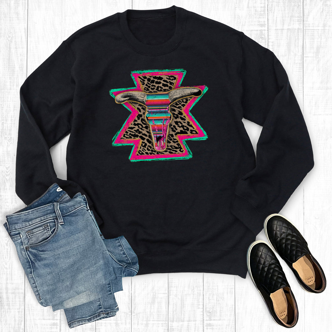 Western Serape Steer Skull Sweatshirt